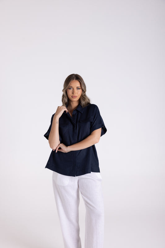 Two T's Oversized Linen Shirt - French Navy