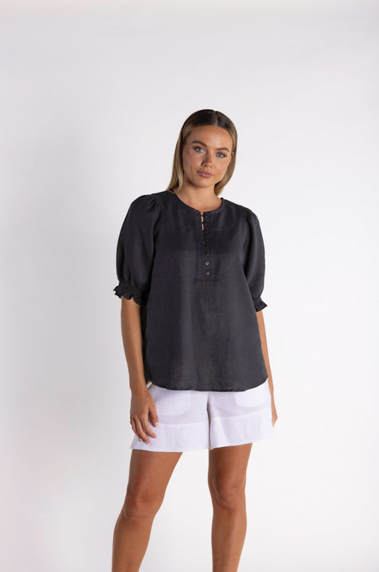 Two T's Button Linen Top - Charcoal