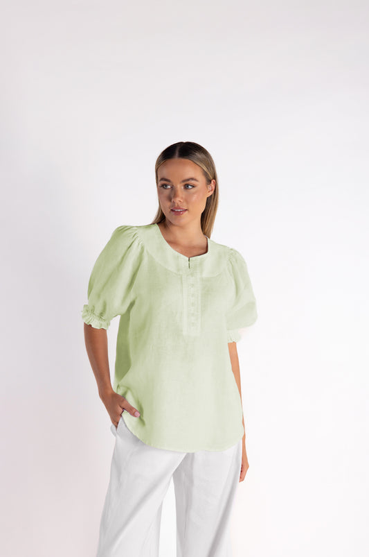 Two T's Button Linen Top - Lime