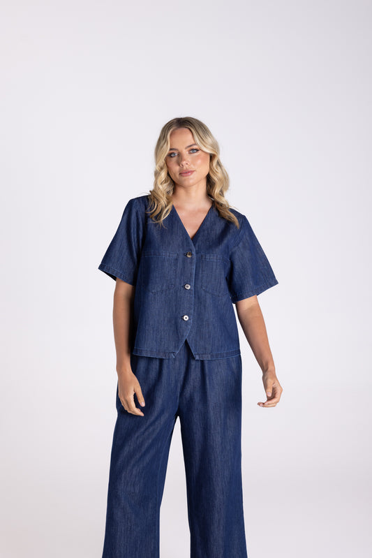 Two T's Denim Short Sleeve Top - Dark Denim