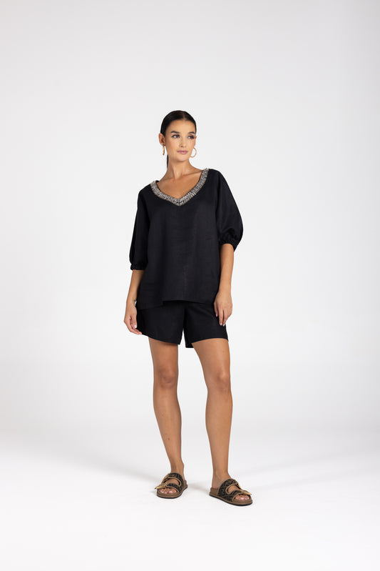 Two T's Linen V-Neck Beaded Top - Black