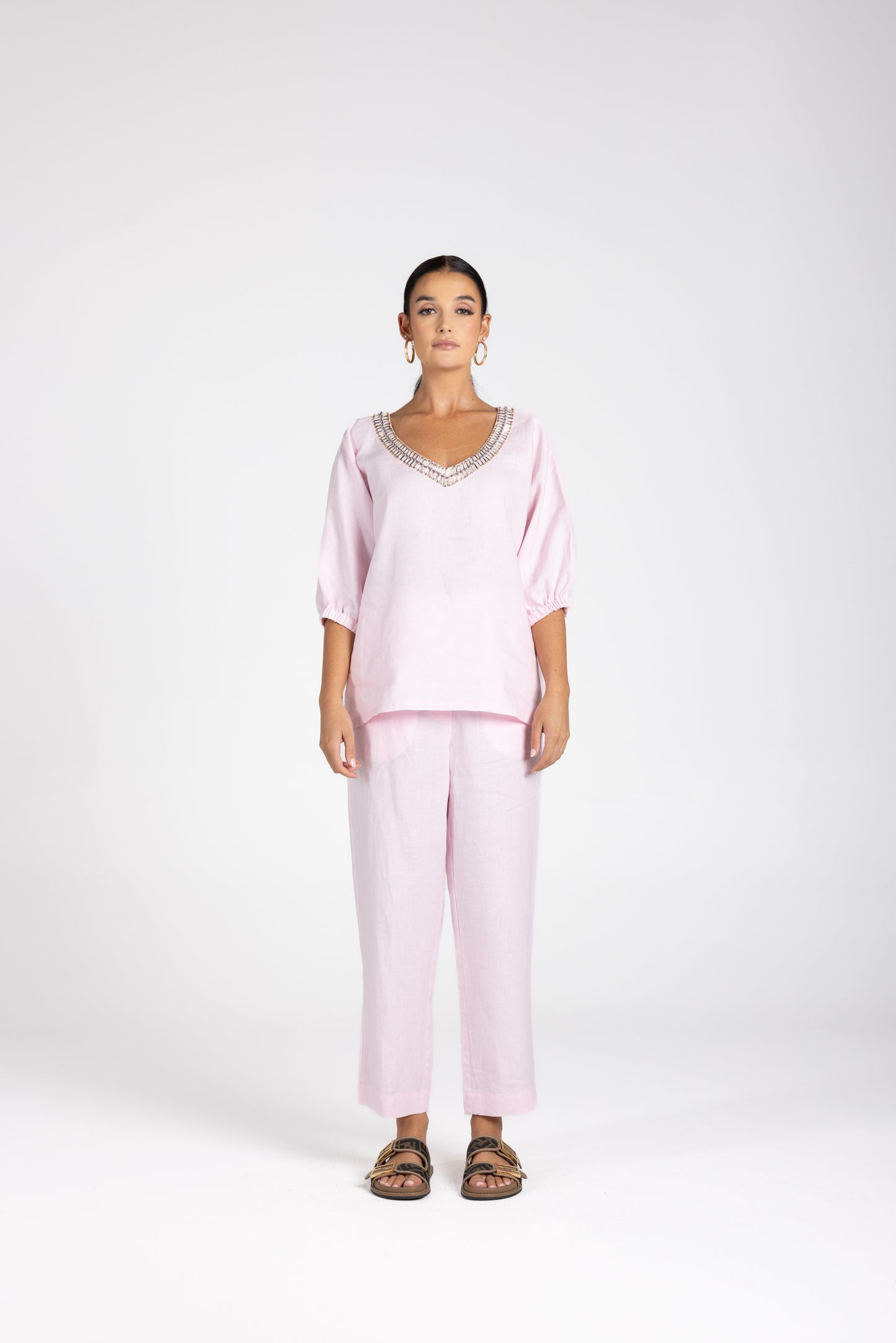 Two T's Linen V-Neck Beaded Top - Pink