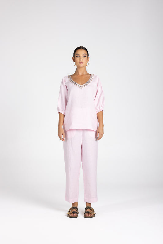Two T's Linen V-Neck Beaded Top - Pink