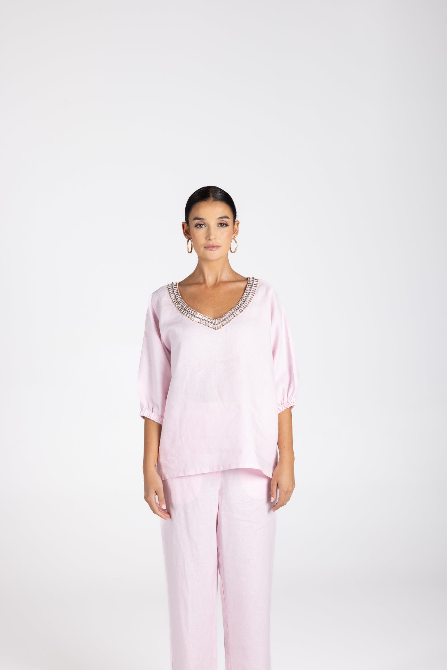 Two T's Linen V-Neck Beaded Top - Pink