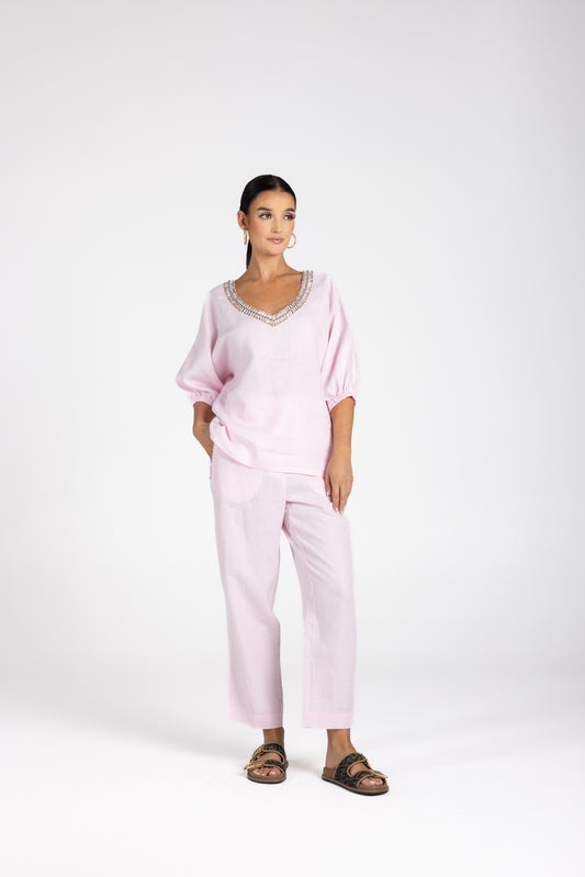 Two T's Linen V-Neck Beaded Top - Pink