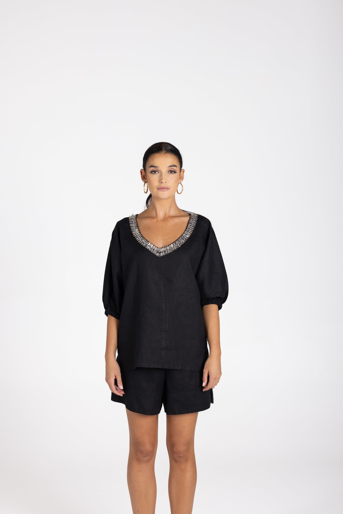 Two T's Linen V-Neck Beaded Top - Black