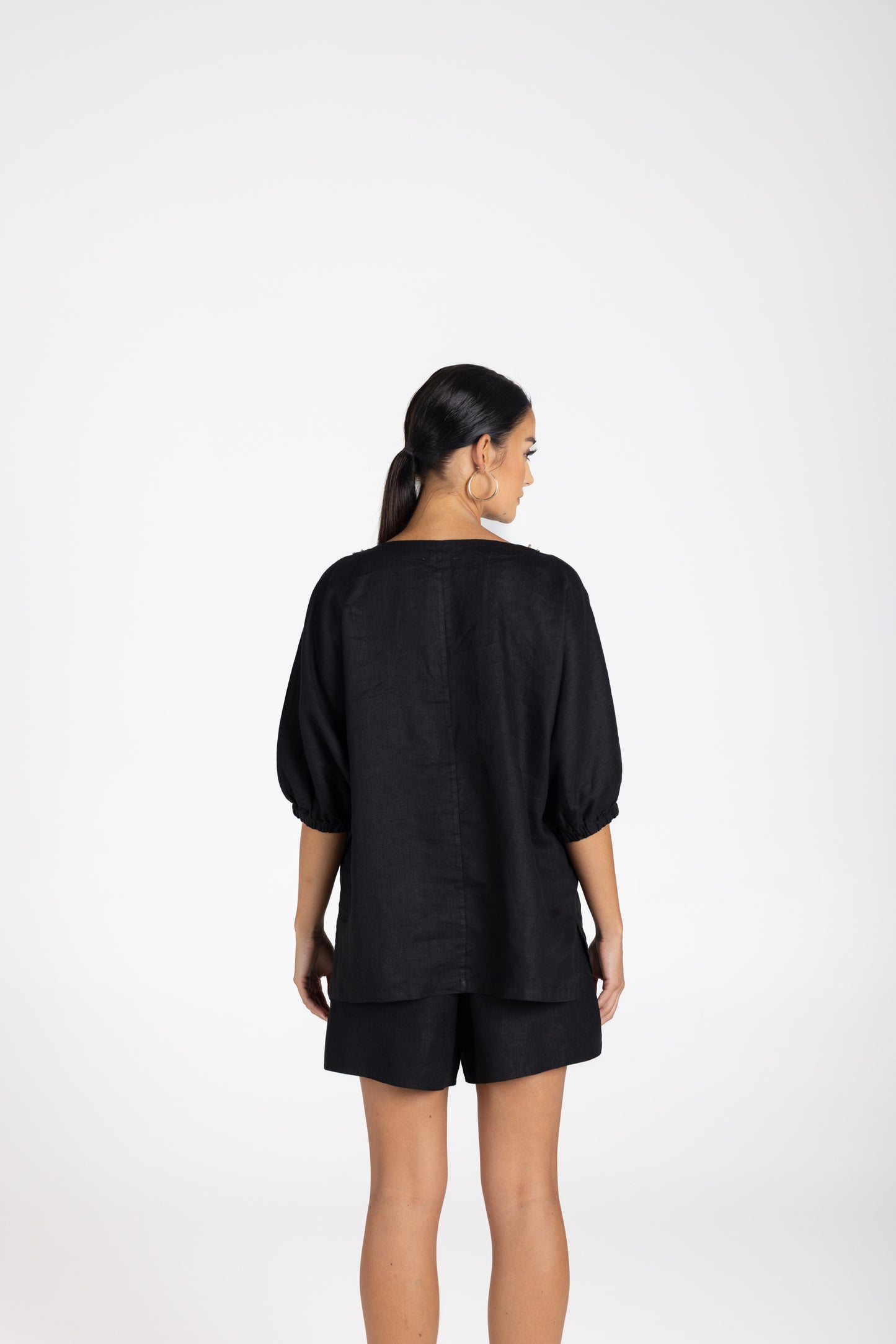 Two T's Linen V-Neck Beaded Top - Black