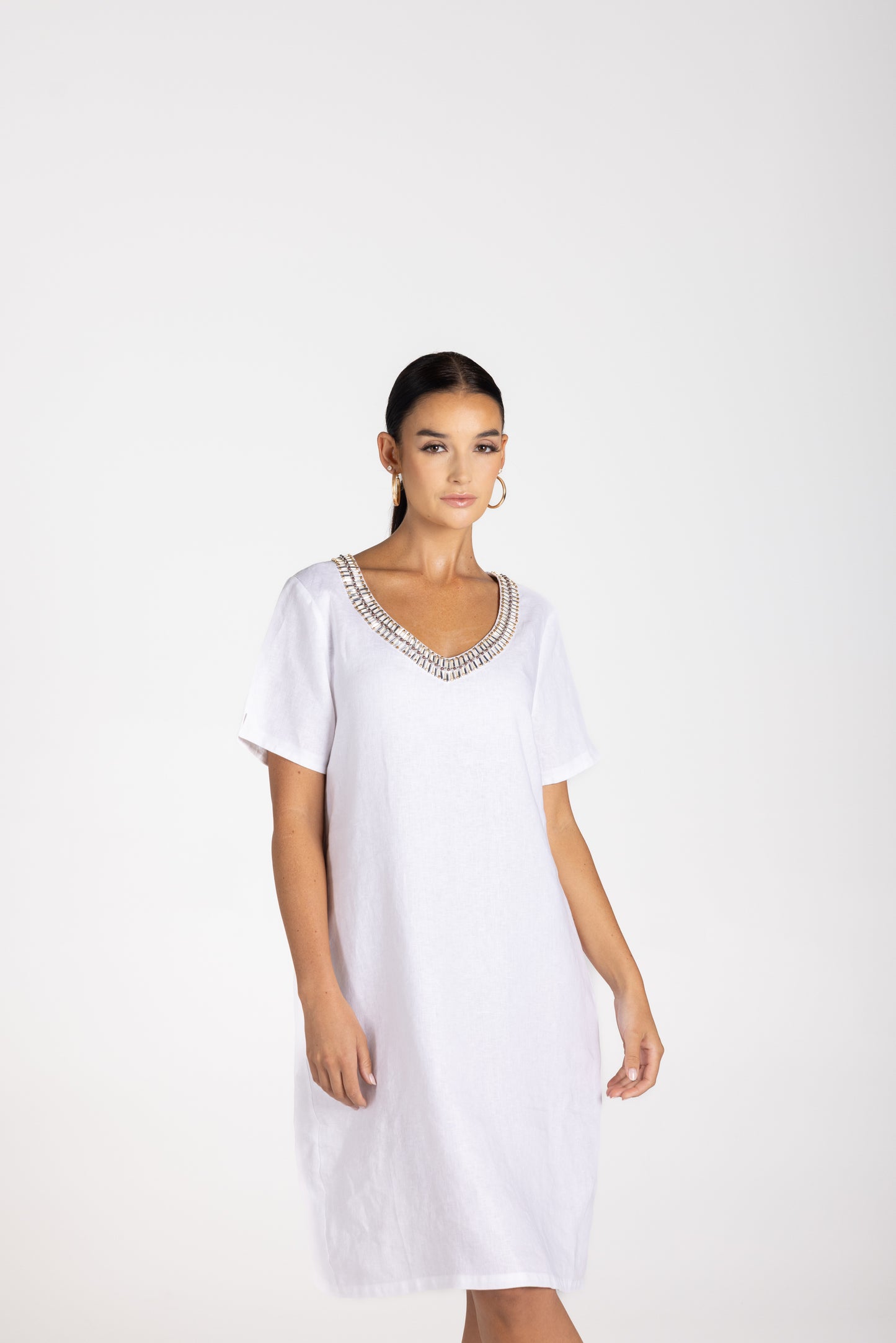 Two T's Linen V-Neck Beaded Dress - White