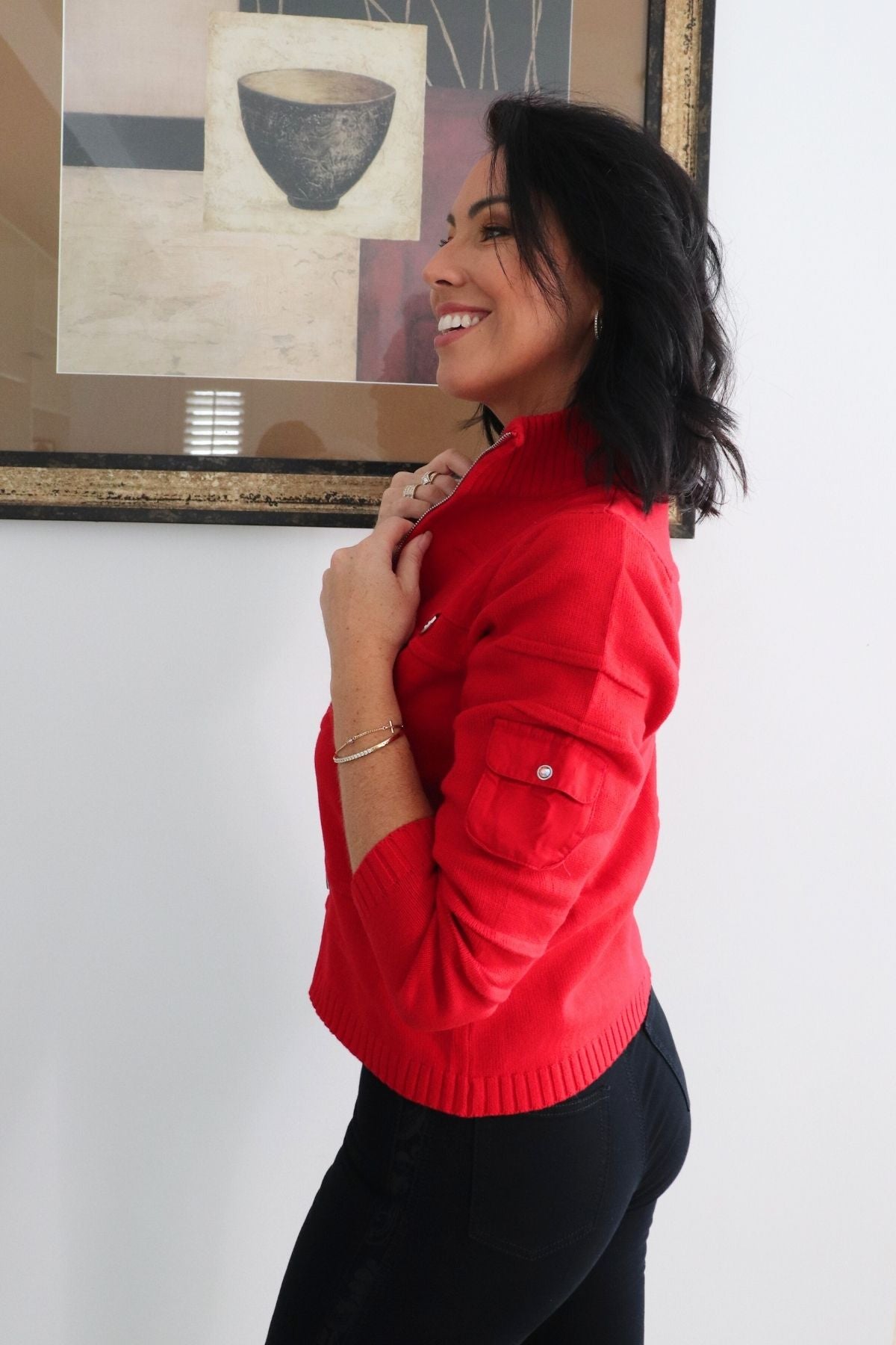 Diamonte Ring Cotton Knit Cardi - Red