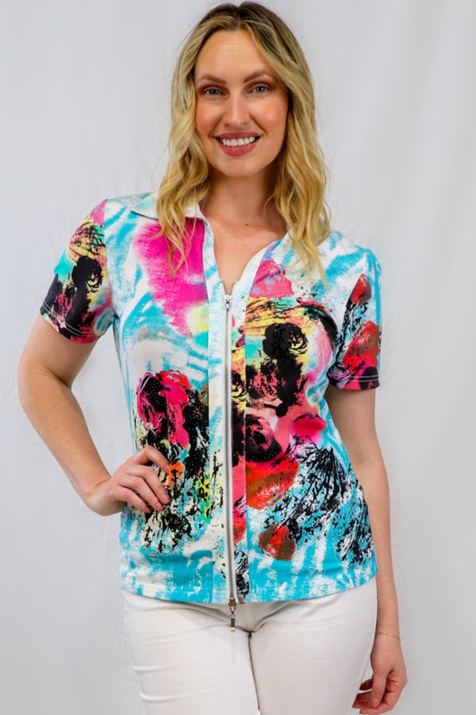 Print Zip Top - Turquoise
