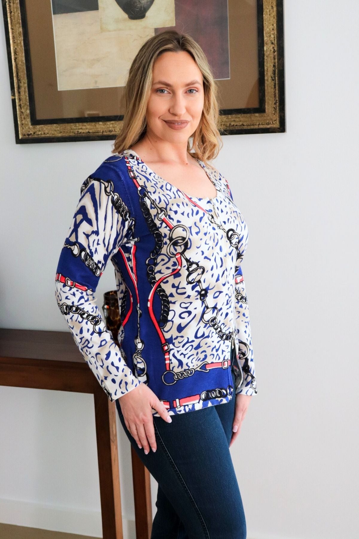 Print Knit Jacket  - Navy