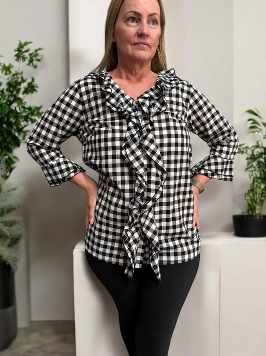 See Saw Ruffle Check Shirt - B/W
