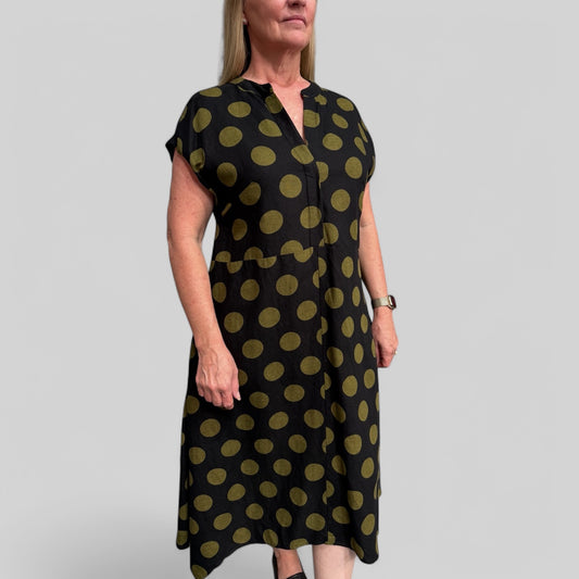 See Saw Linen Dress - B/Green Spot