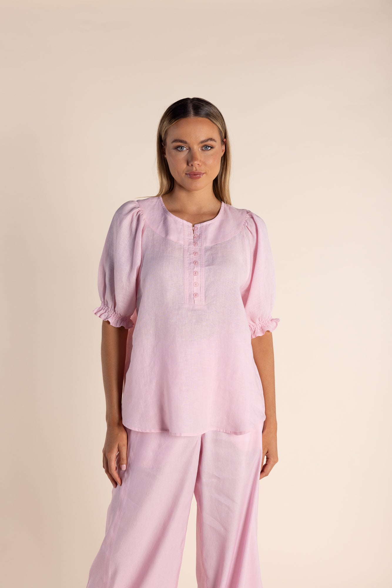 Two T's Button Linen Top - Navy