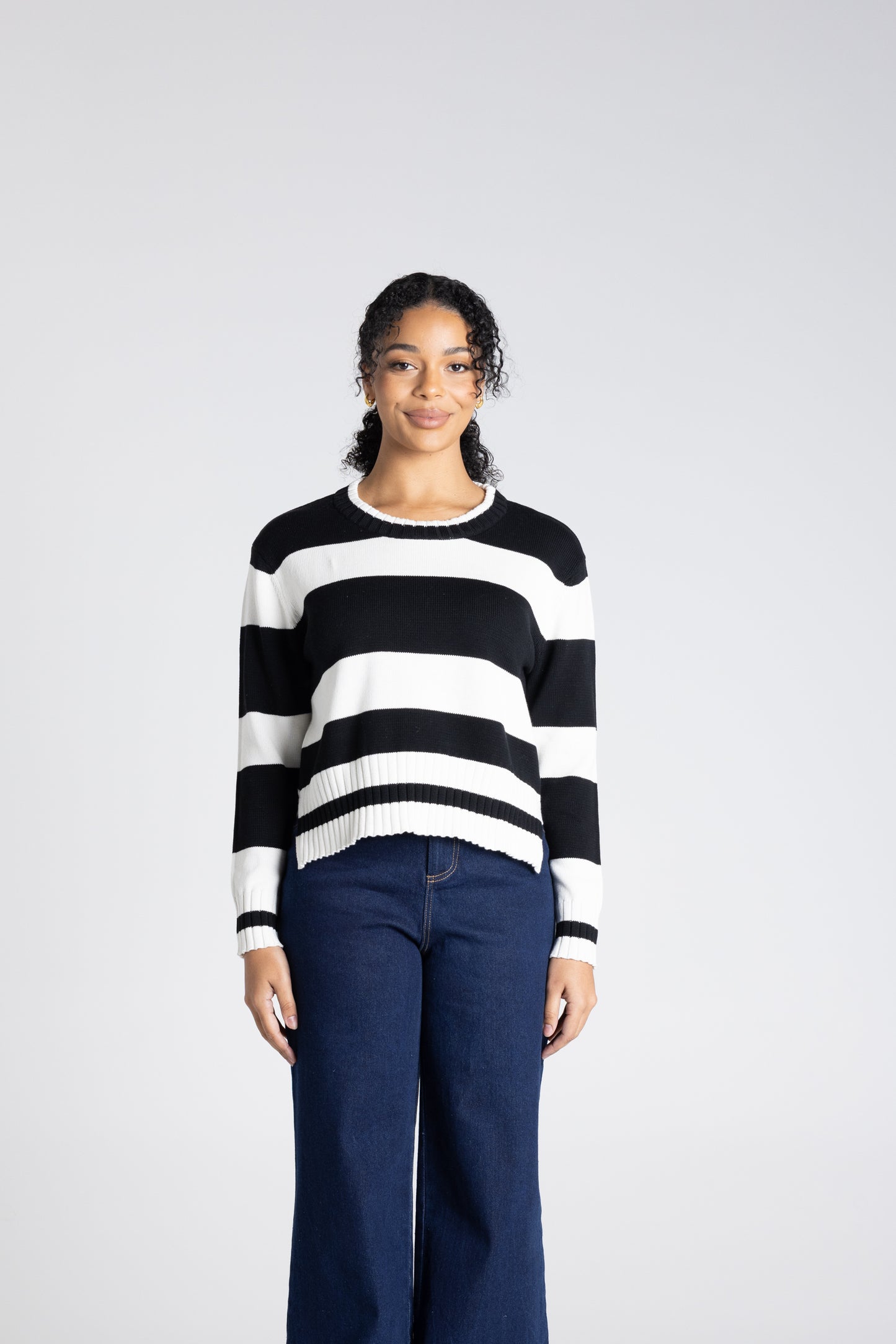Two T's Dropped Shoulder Stripe Crew - Black and White