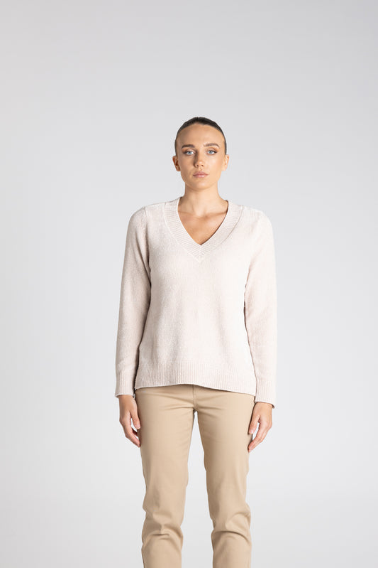 Two T's Chenille V Neck Jumper - Oat