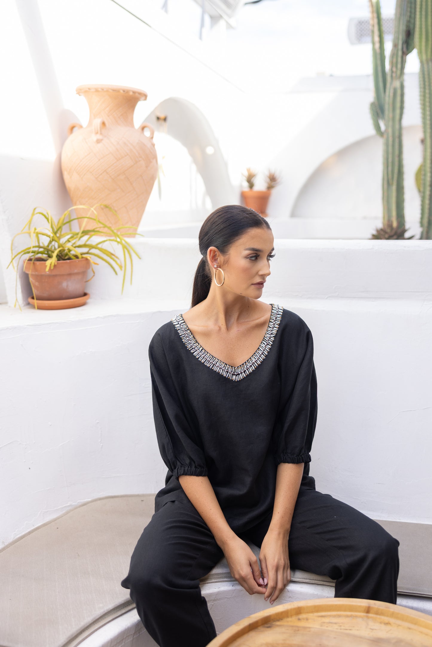 Two T's Linen V-Neck Beaded Top - Pink