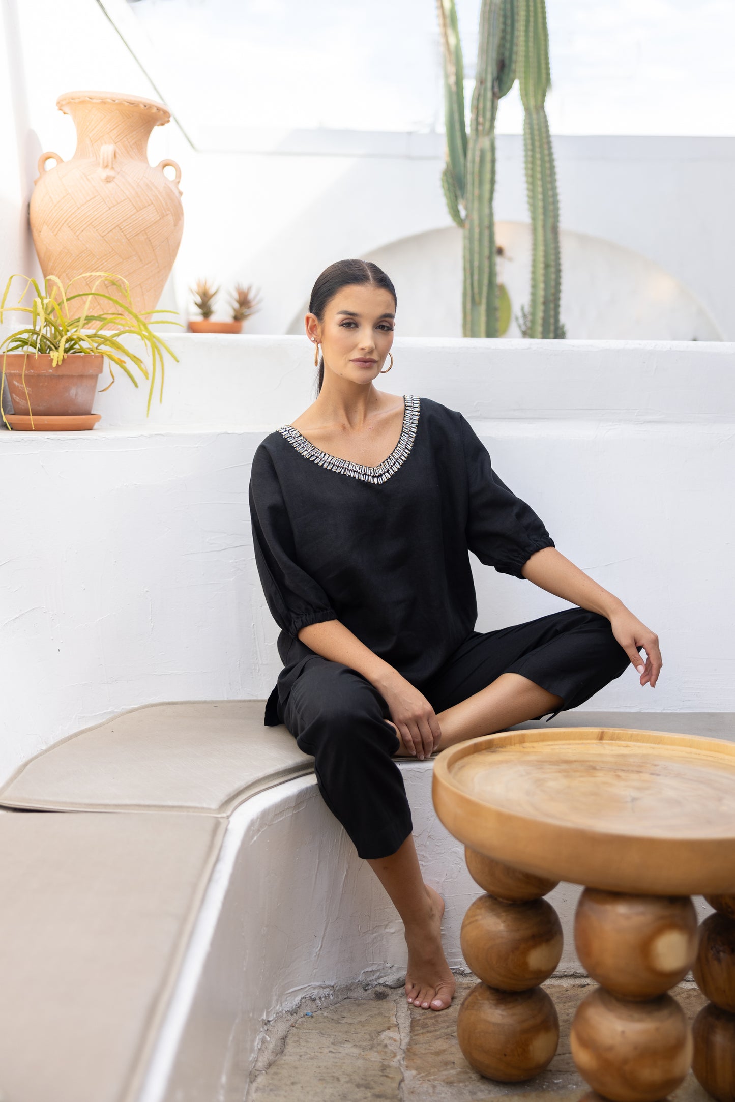 Two T's Linen V-Neck Beaded Top - Black