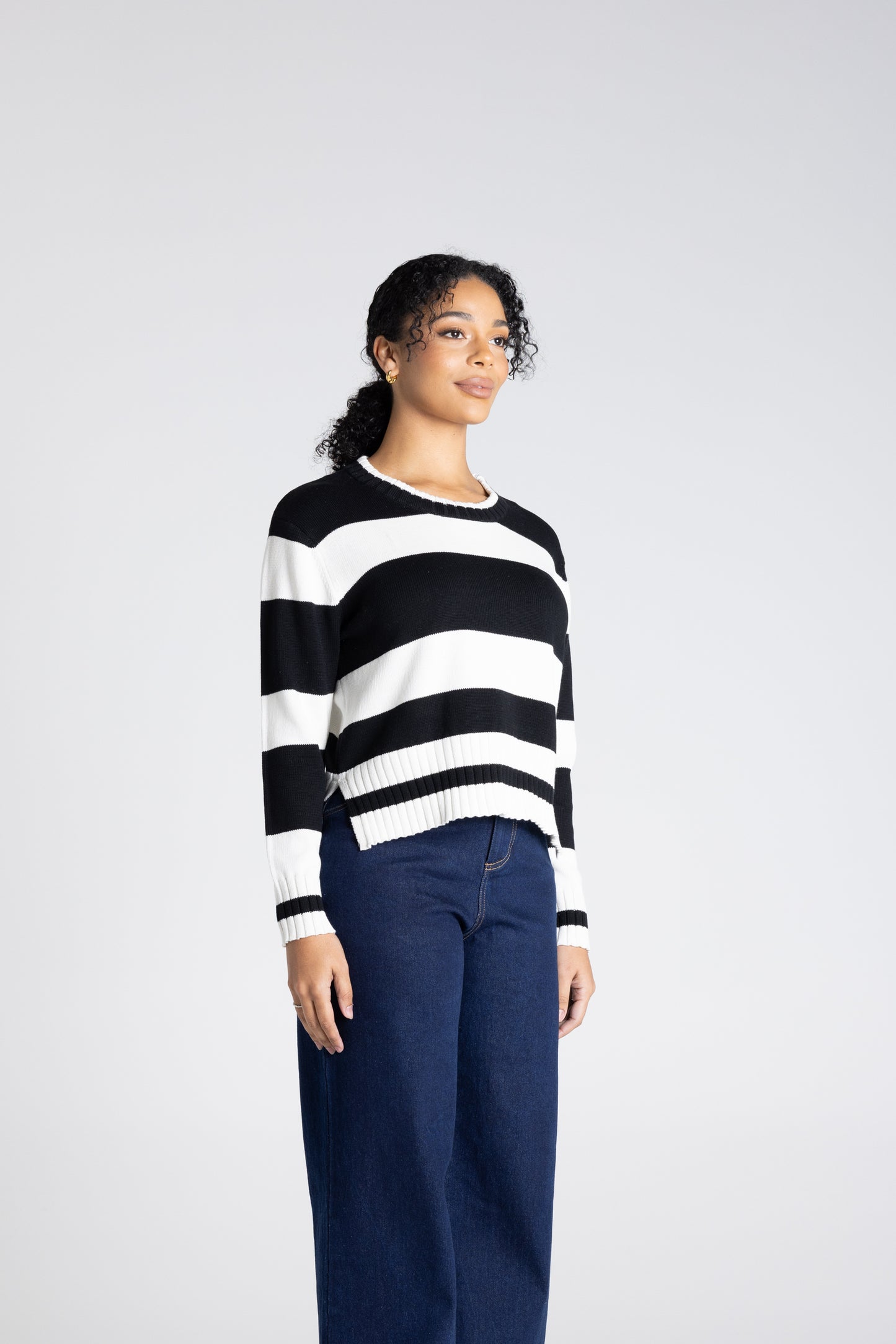 Two T's Dropped Shoulder Stripe Crew - Black and White