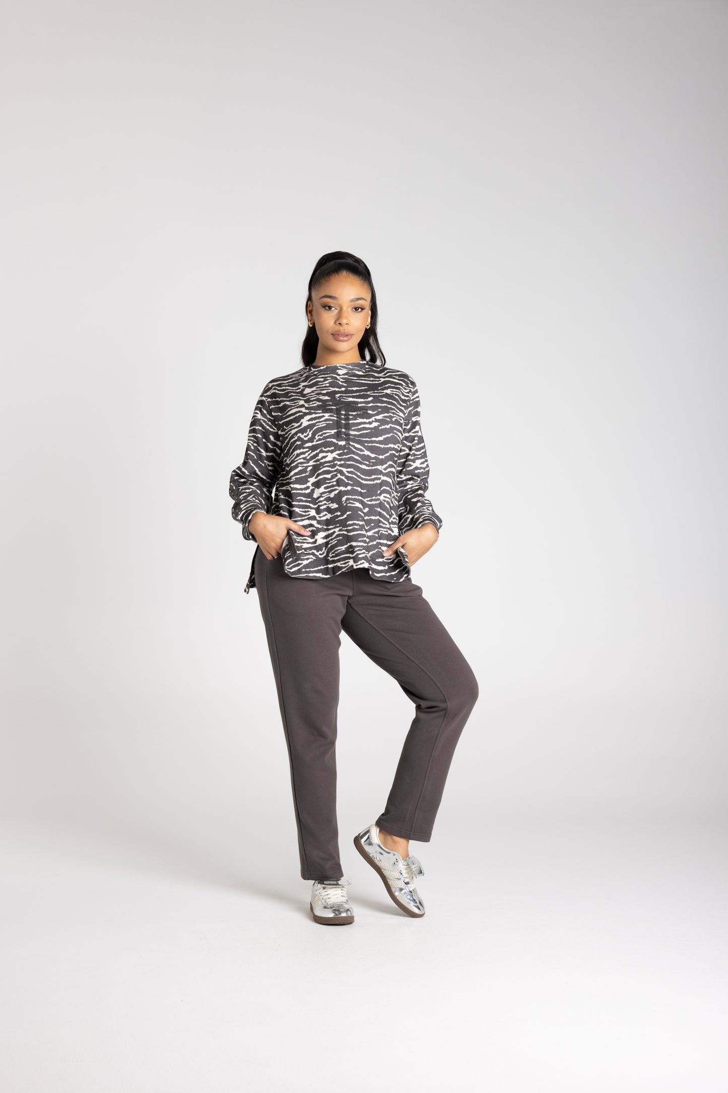 Two T's Zebra Print Sweater - Slate/Ivory