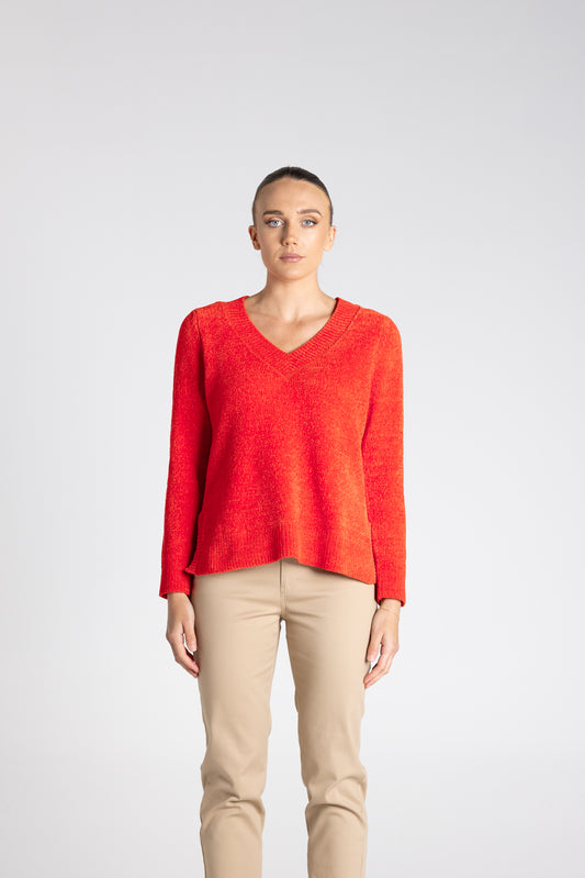 Two T's Chenille V Neck Jumper - Intense Orange