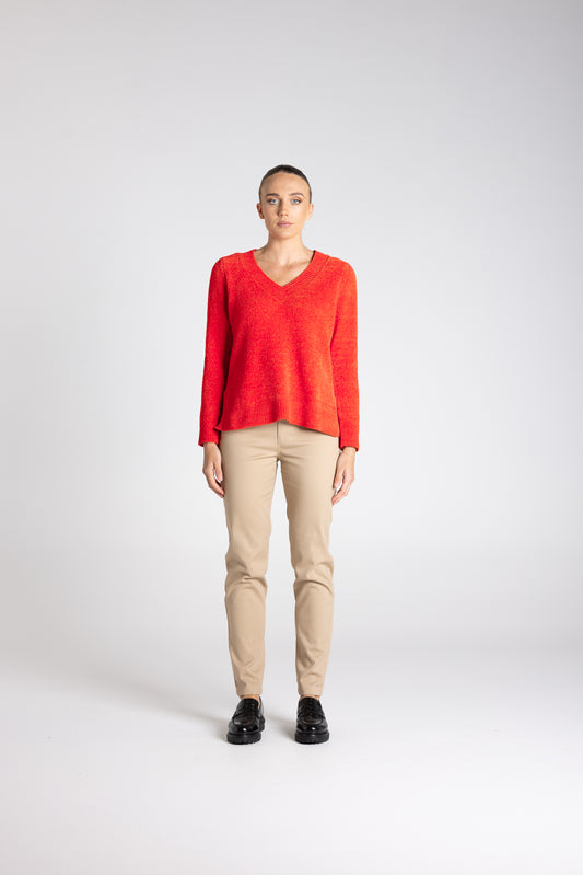 Two T's Chenille V Neck Jumper - Intense Orange