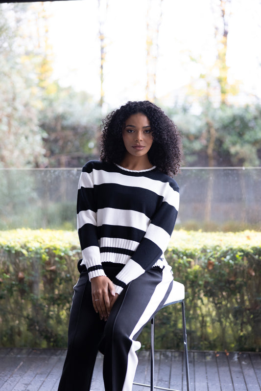 Two T's Dropped Shoulder Stripe Crew - Black and White