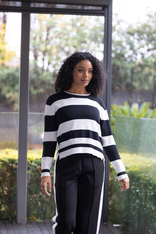 Two T's Dropped Shoulder Stripe Crew - Black and White