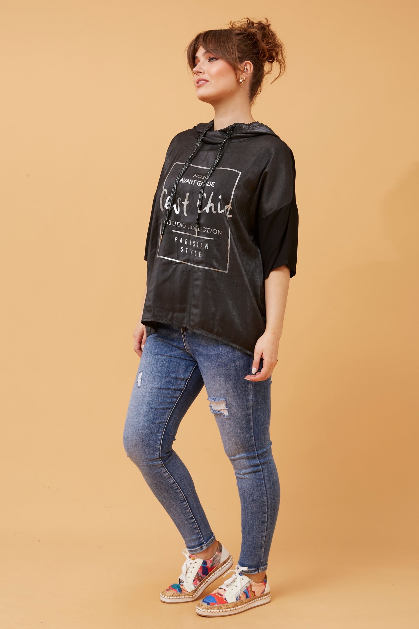 Graphic Foil Print Hooded Top - Black