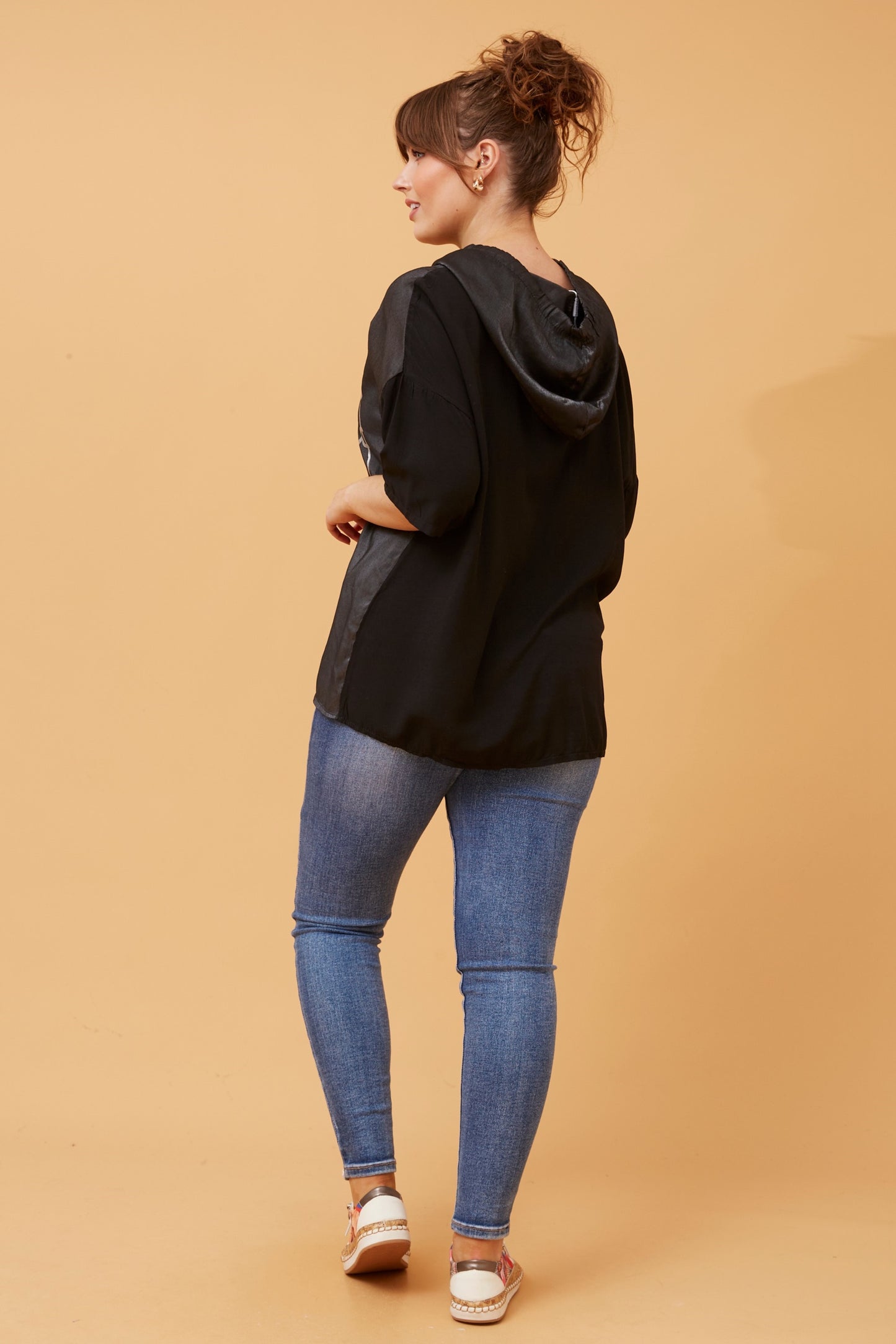 Graphic Foil Print Hooded Top - Black