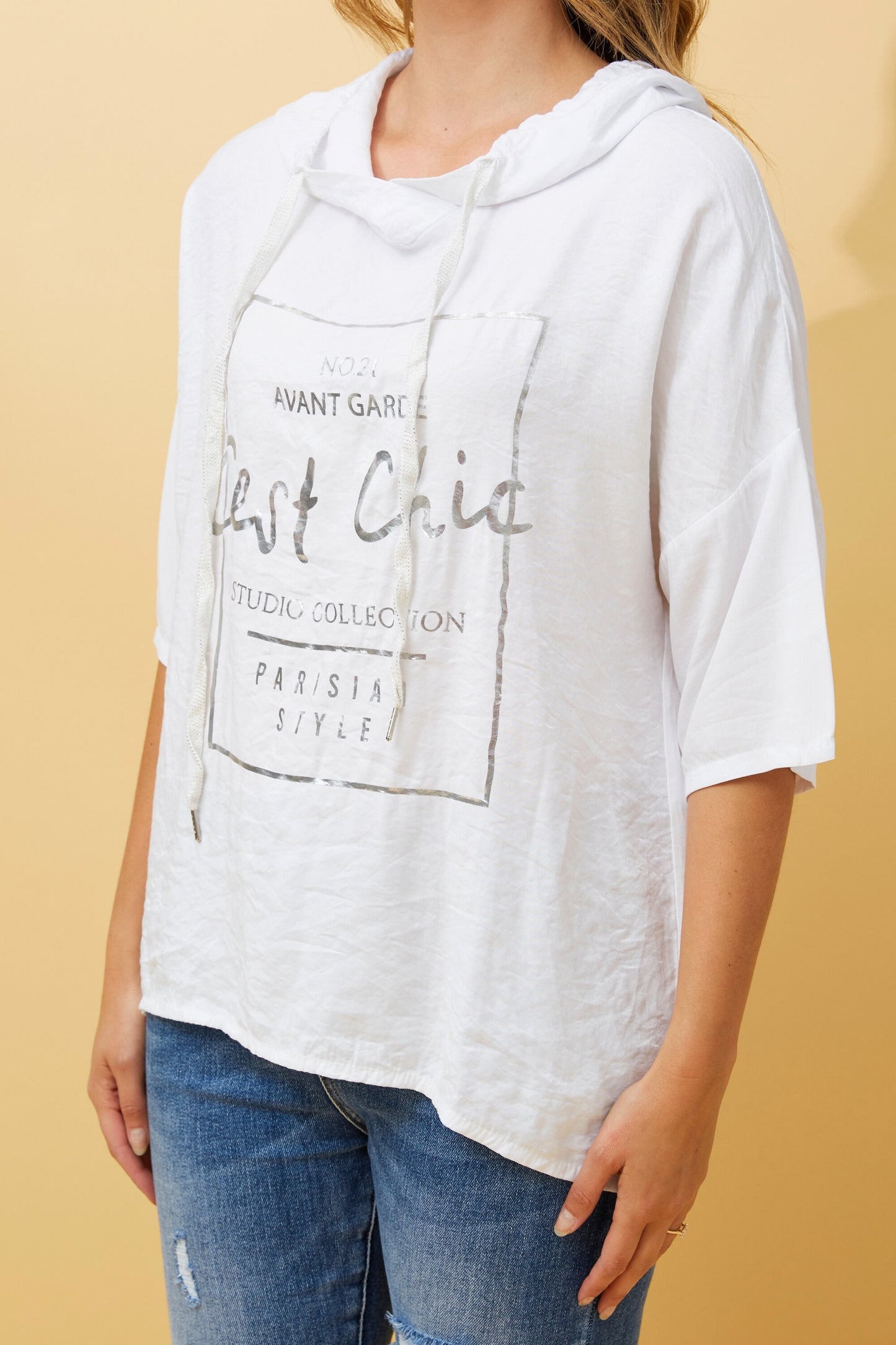 Graphic Foil Print Hooded Top - White