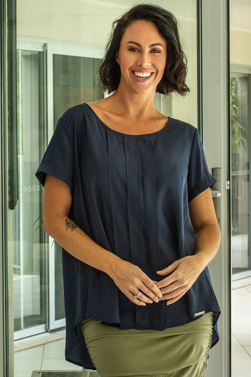 Pleat Front  Top - Navy