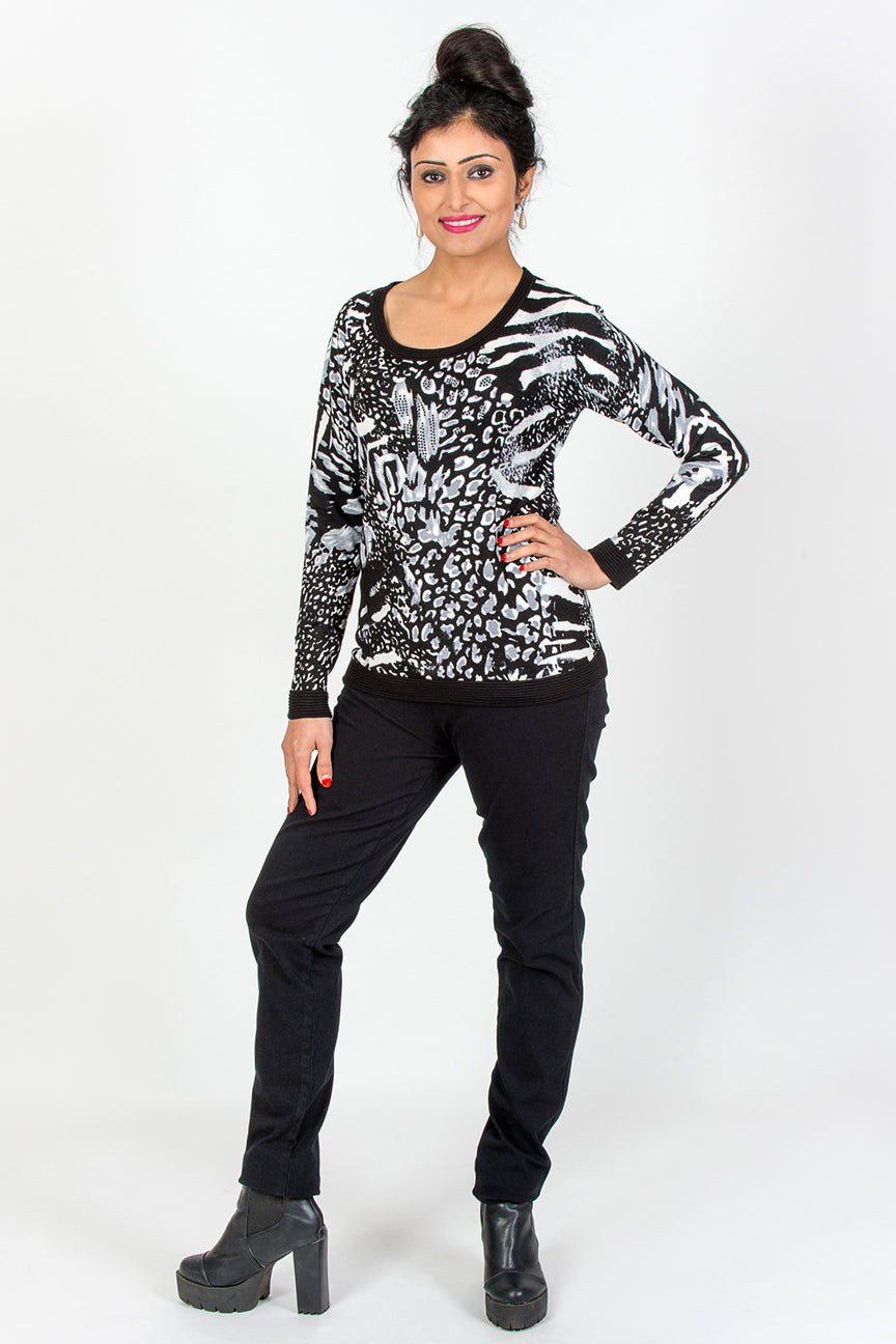 Animal Print Knit Top  - Black