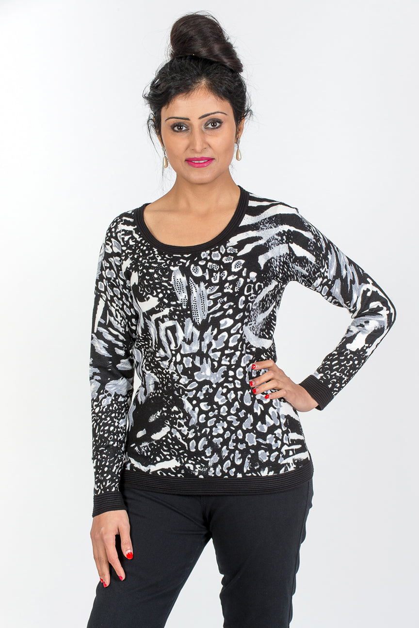 Animal Print Knit Top  - Black