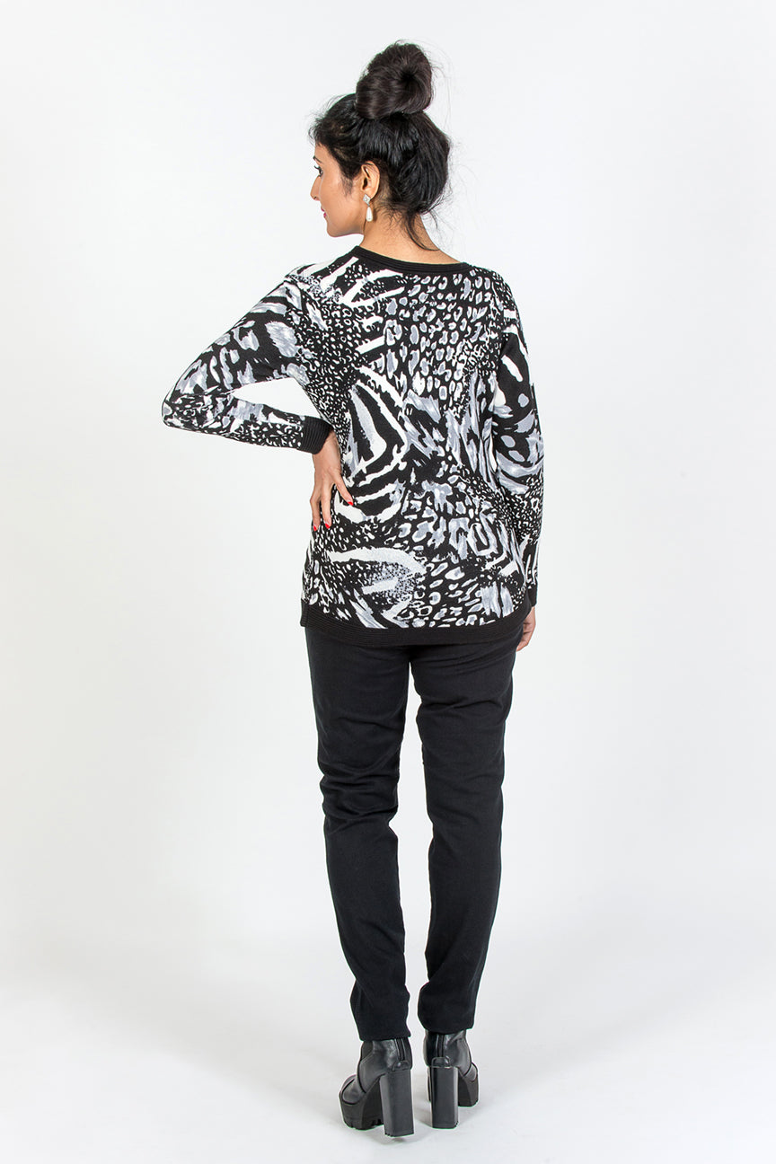 Animal Print Knit Top  - Black