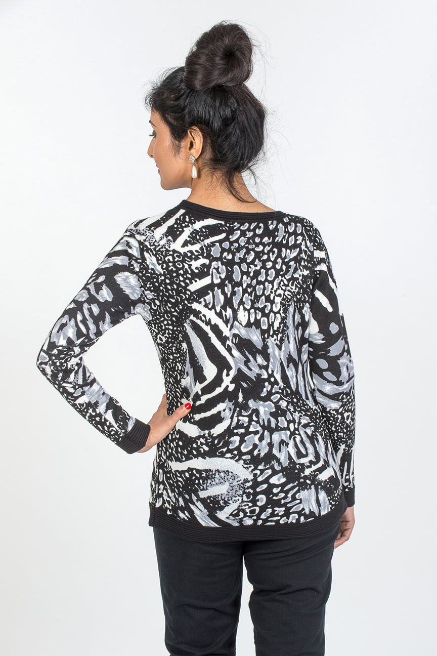Animal Print Knit Top  - Black